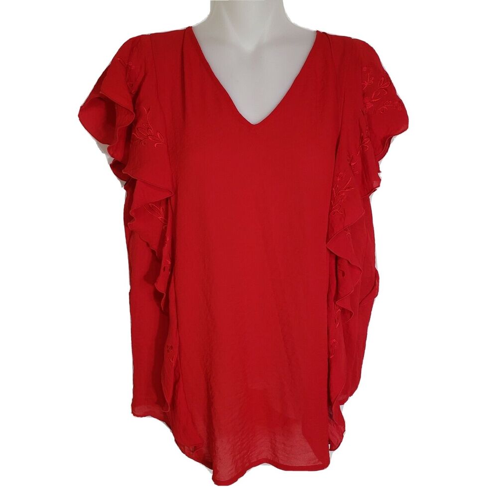 Liz Claiborne Womens Blouse Medium Red Ruffles Cap Sleeve V Neck Embroidered V